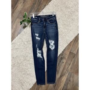 American Eagle Size 2 Short Dark Wash Distressed Mid-Rise Jegging Skinny Jeans